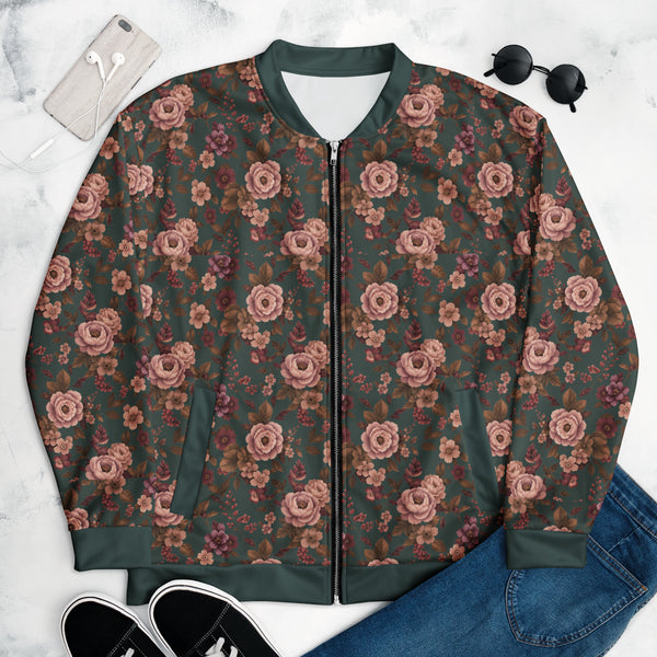 Falling For You floral bomber jacket with charcoal-green background, front view
