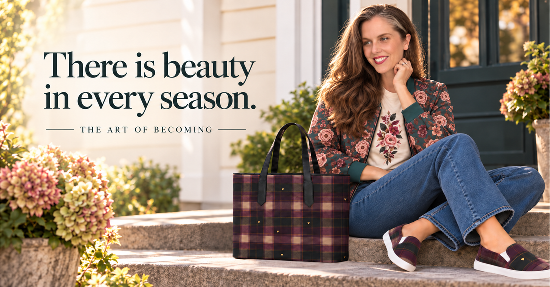 Jenny wearing the Falling For You floral jacket beside a plaid heart tote, as featured on The Art of Becoming homepage.