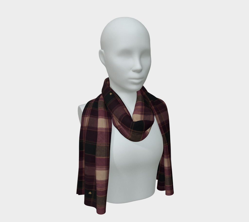 Falling for You berry, plum and charcoal-green plaid heart silk scarf looped around a mannequin's neck.