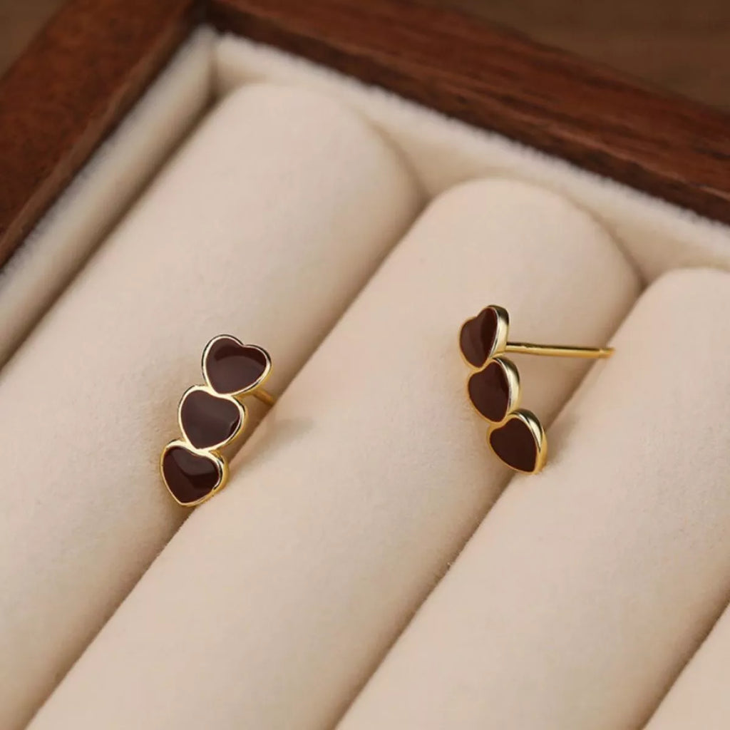 Berry triple-heart stud earrings, alternate view