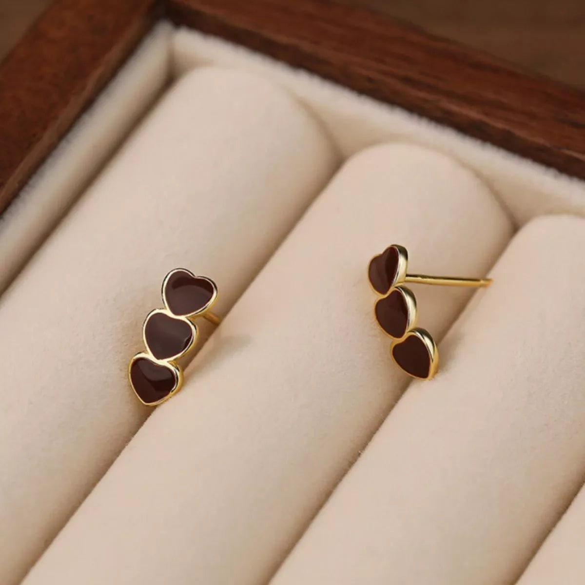 Berry triple-heart stud earrings, alternate view