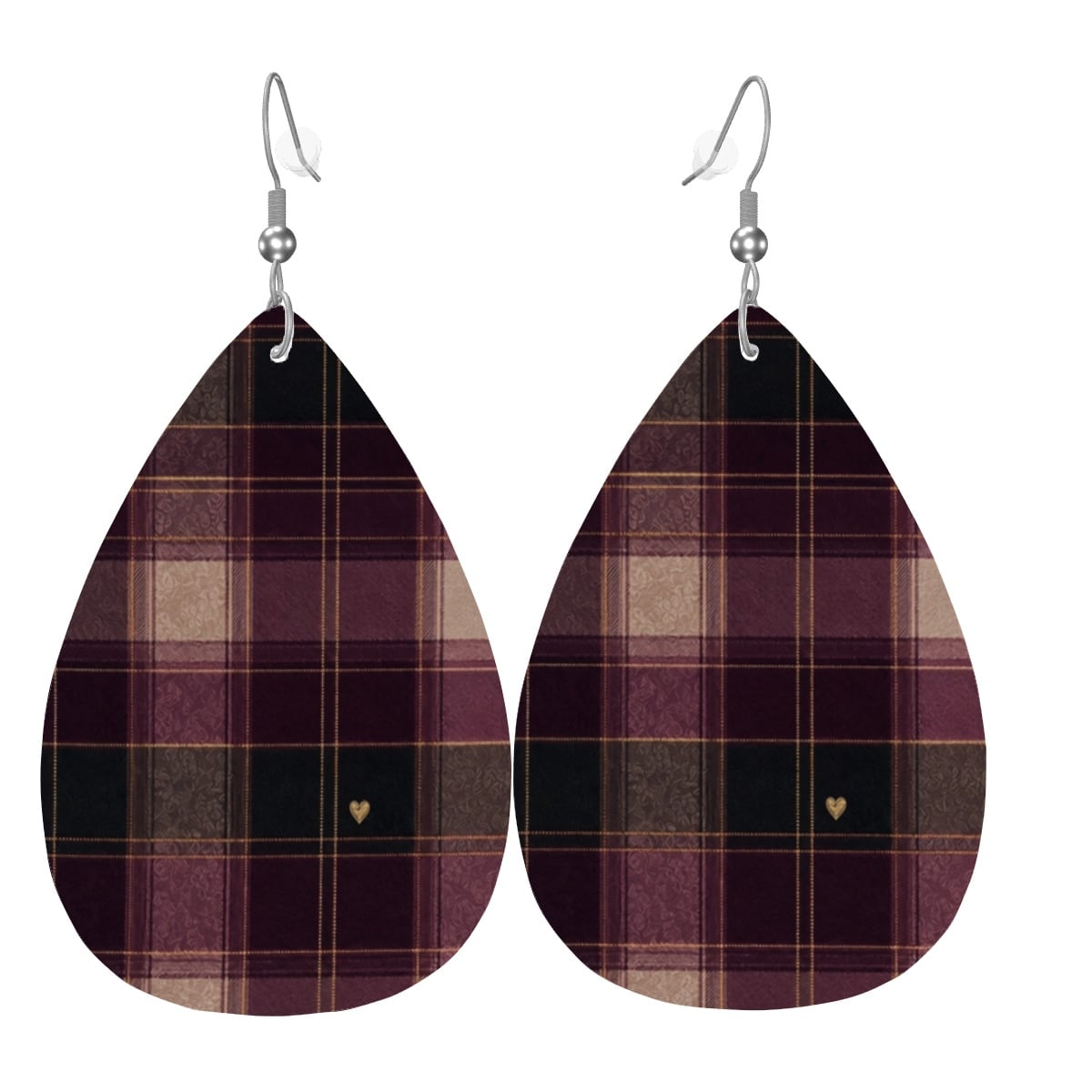Front view of Falling for You faux-leather teardrop earrings in deep berry and charcoal-green plaid with tiny gold hearts.