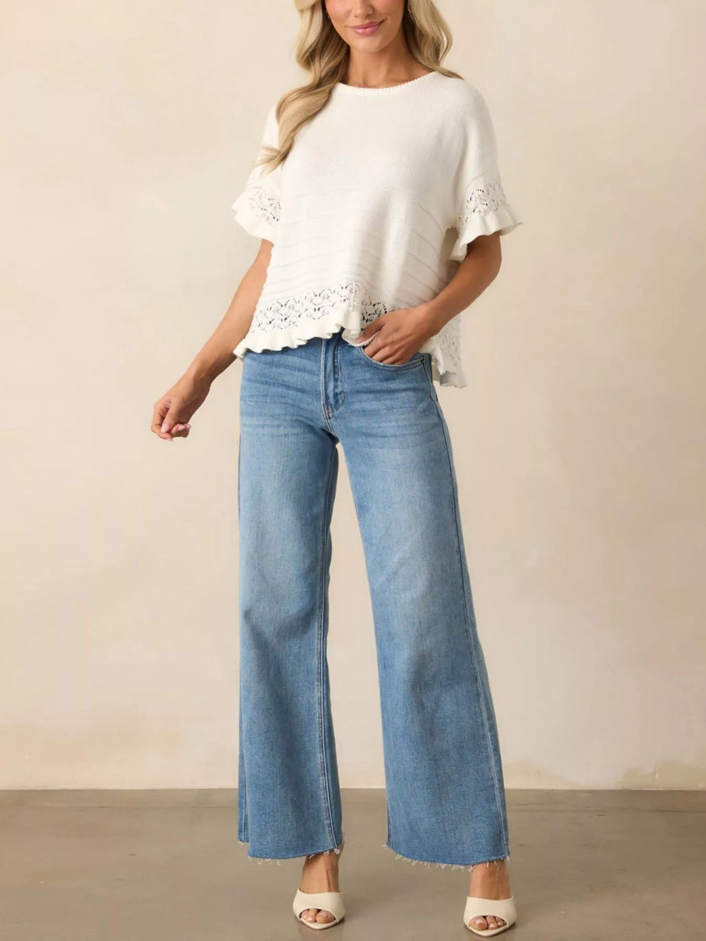 White Woodland lace-trim openwork knit top with ruffle sleeve and hem detail
