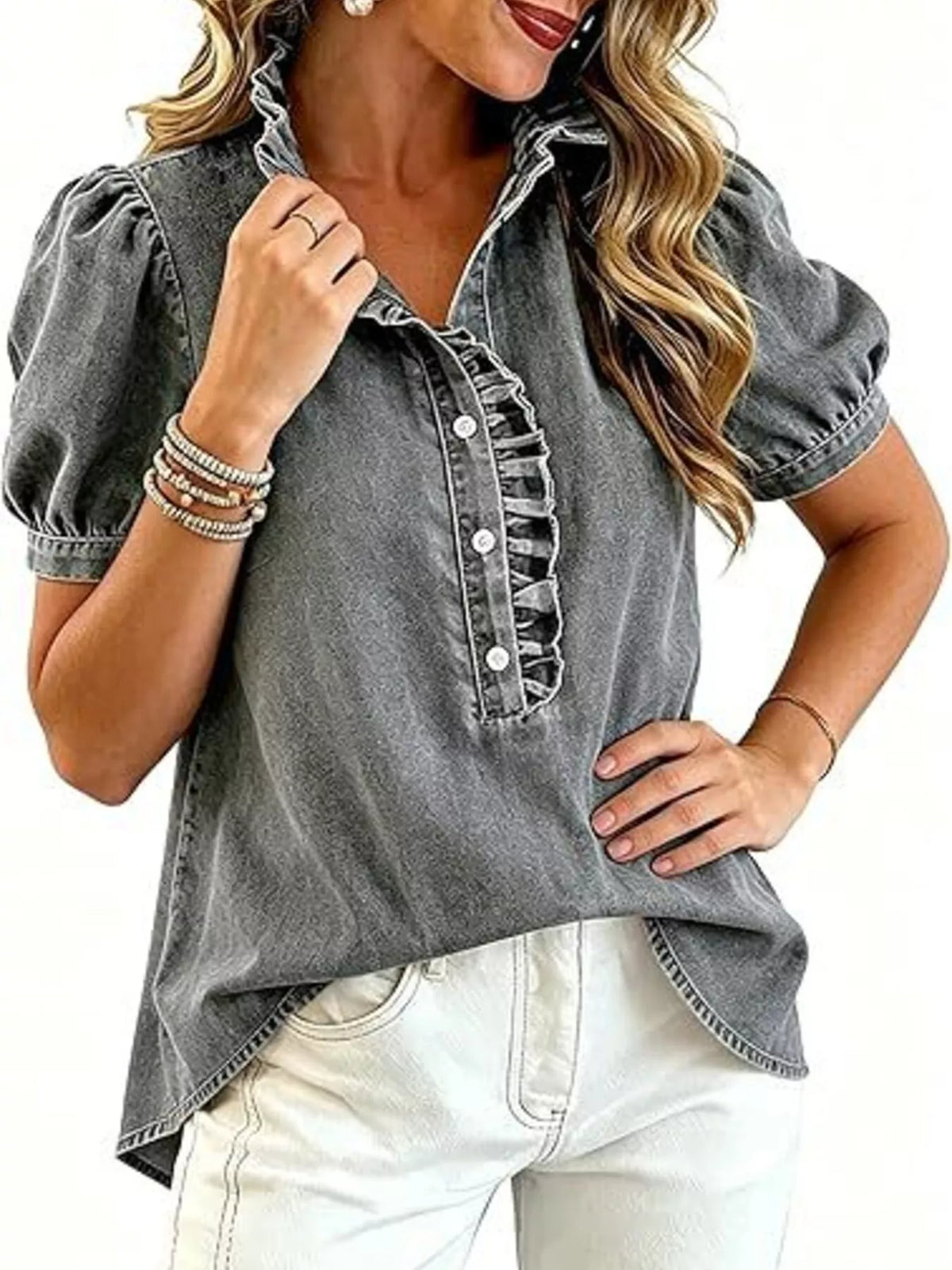 Ruffled puff-sleeve denim blouse, alternate view