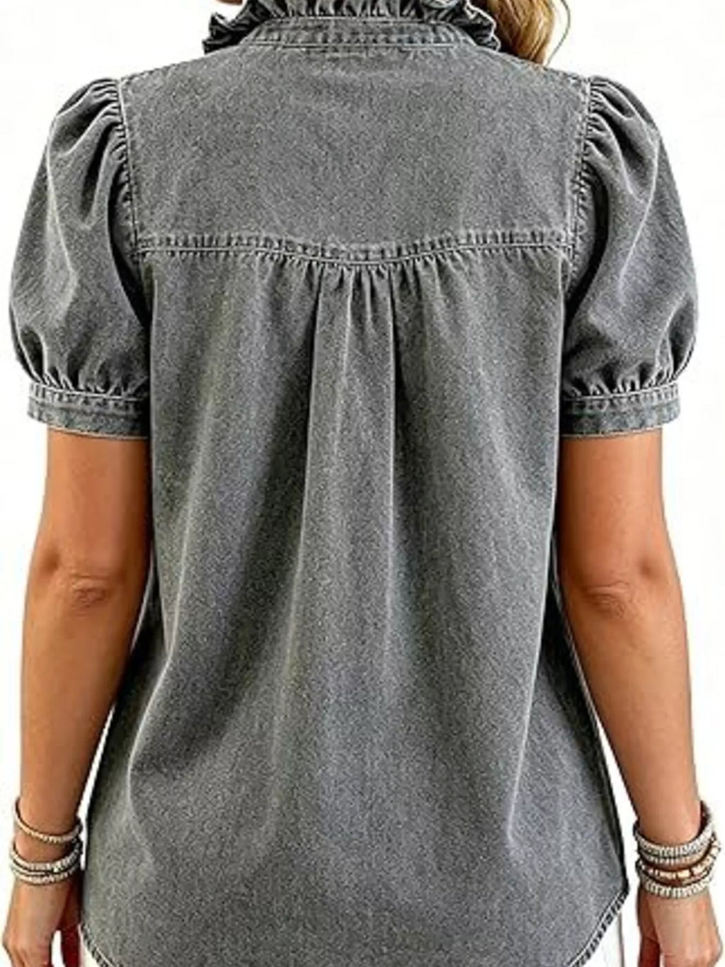 Ruffled puff-sleeve denim blouse, alternate view