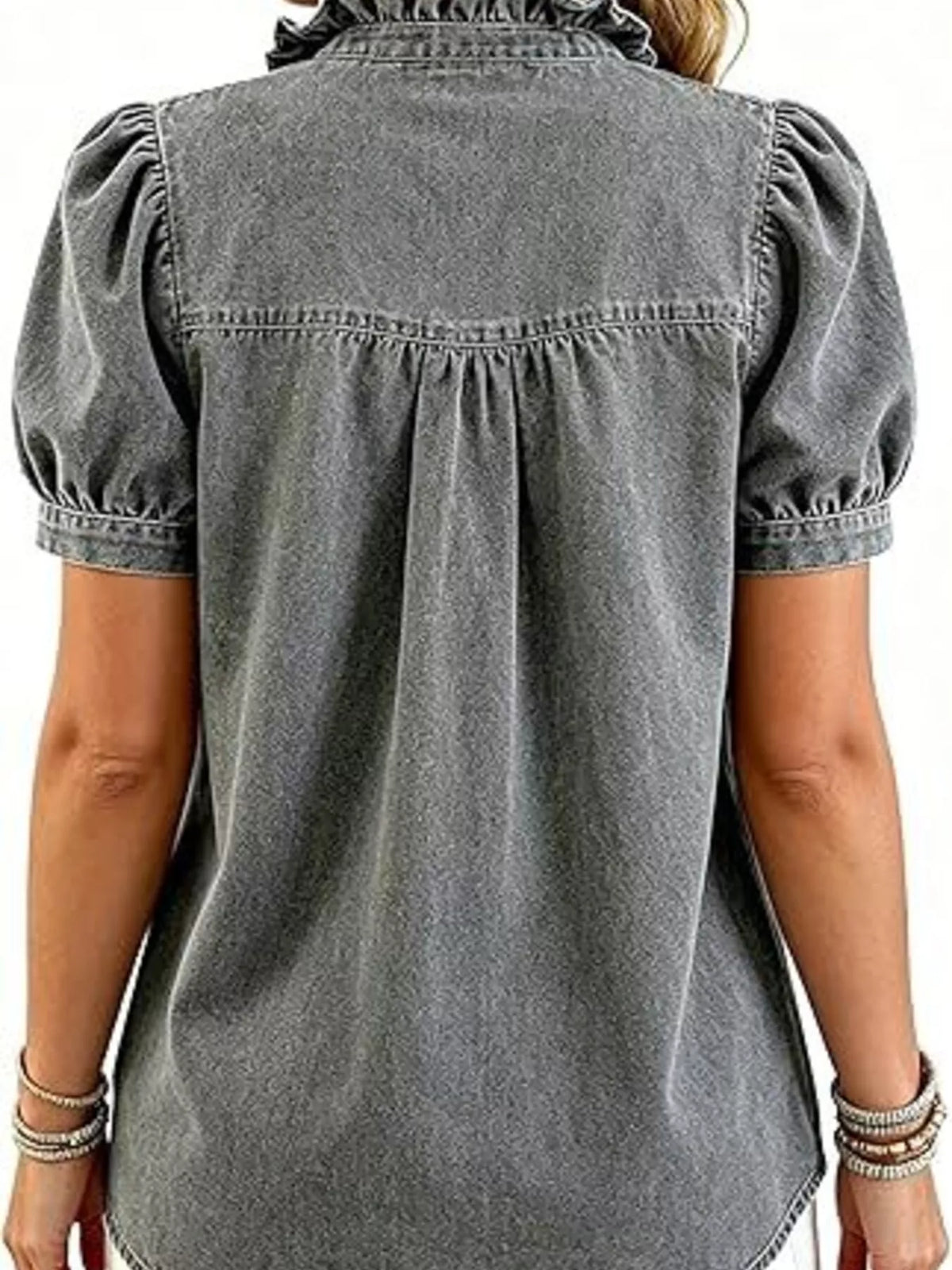 Ruffled puff-sleeve denim blouse, alternate view