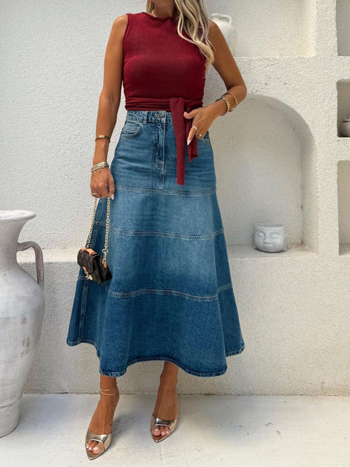Dusty blue belted midi skirt, alternate view