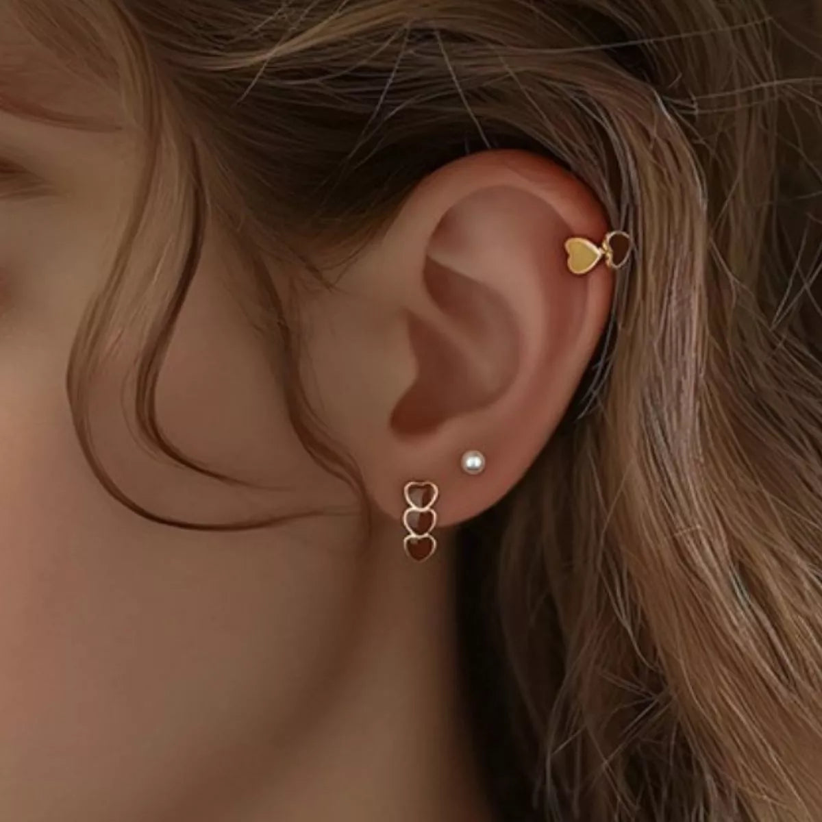 Berry triple-heart stud earrings, alternate view