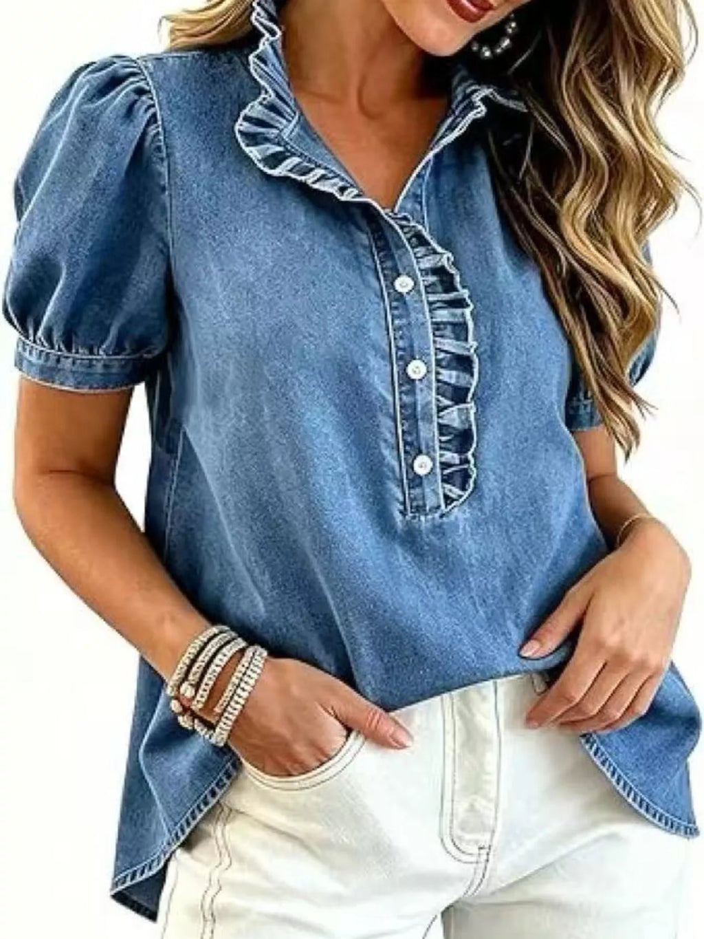 Ruffled puff-sleeve denim blouse, product view