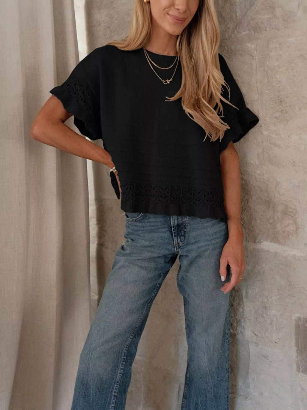 Black Woodland lace-trim openwork knit top with ruffle sleeve and hem detail