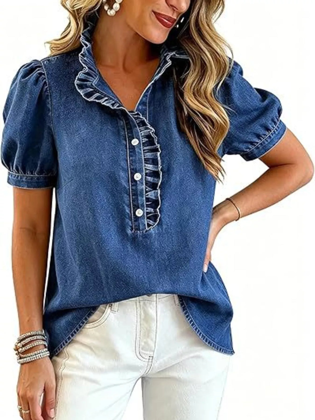 Ruffled puff-sleeve denim blouse, alternate view