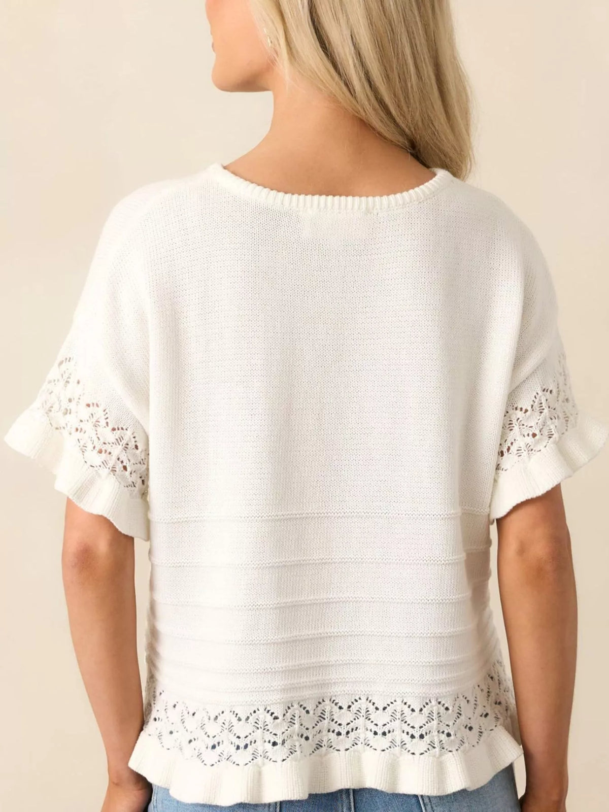 White Woodland lace-trim openwork knit top with ruffle sleeve and hem detail