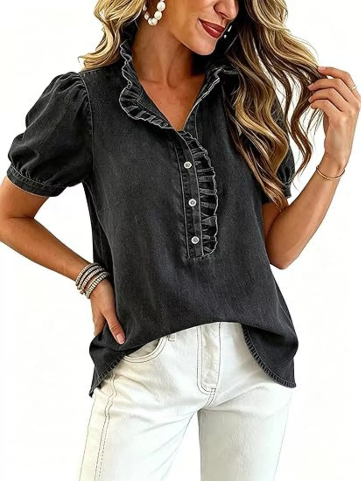Ruffled puff-sleeve denim blouse, alternate view