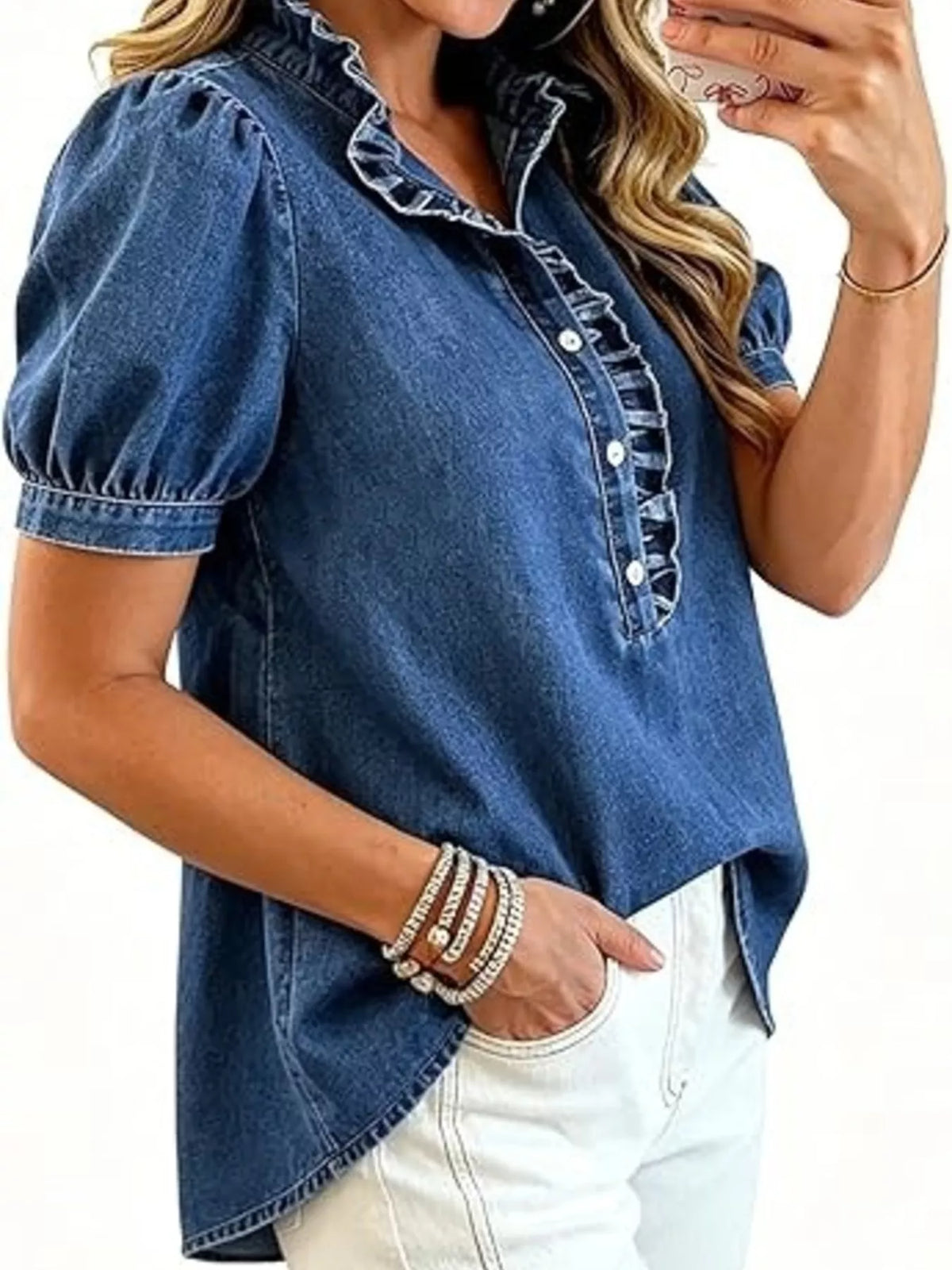 Ruffled puff-sleeve denim blouse, alternate view