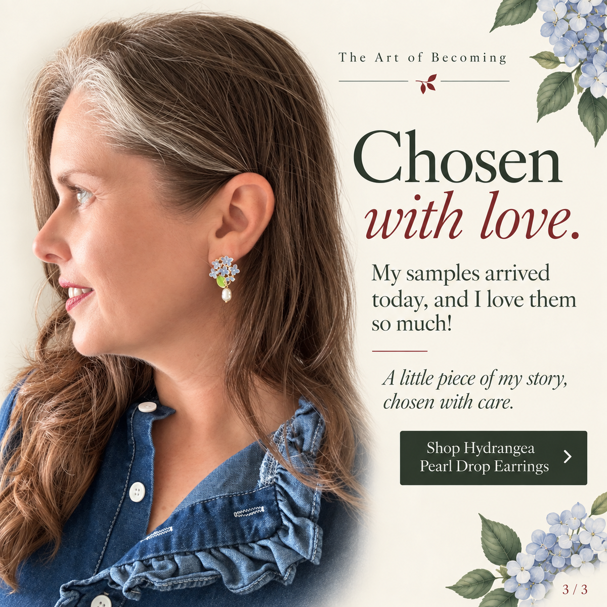 Light blue hydrangea pearl drop earrings styled for The Art of Becoming