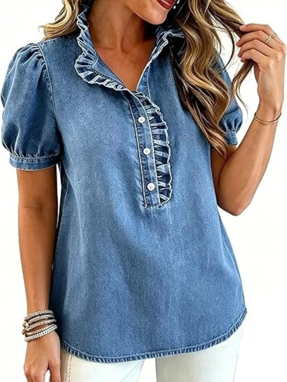 Ruffled puff-sleeve denim blouse, alternate view