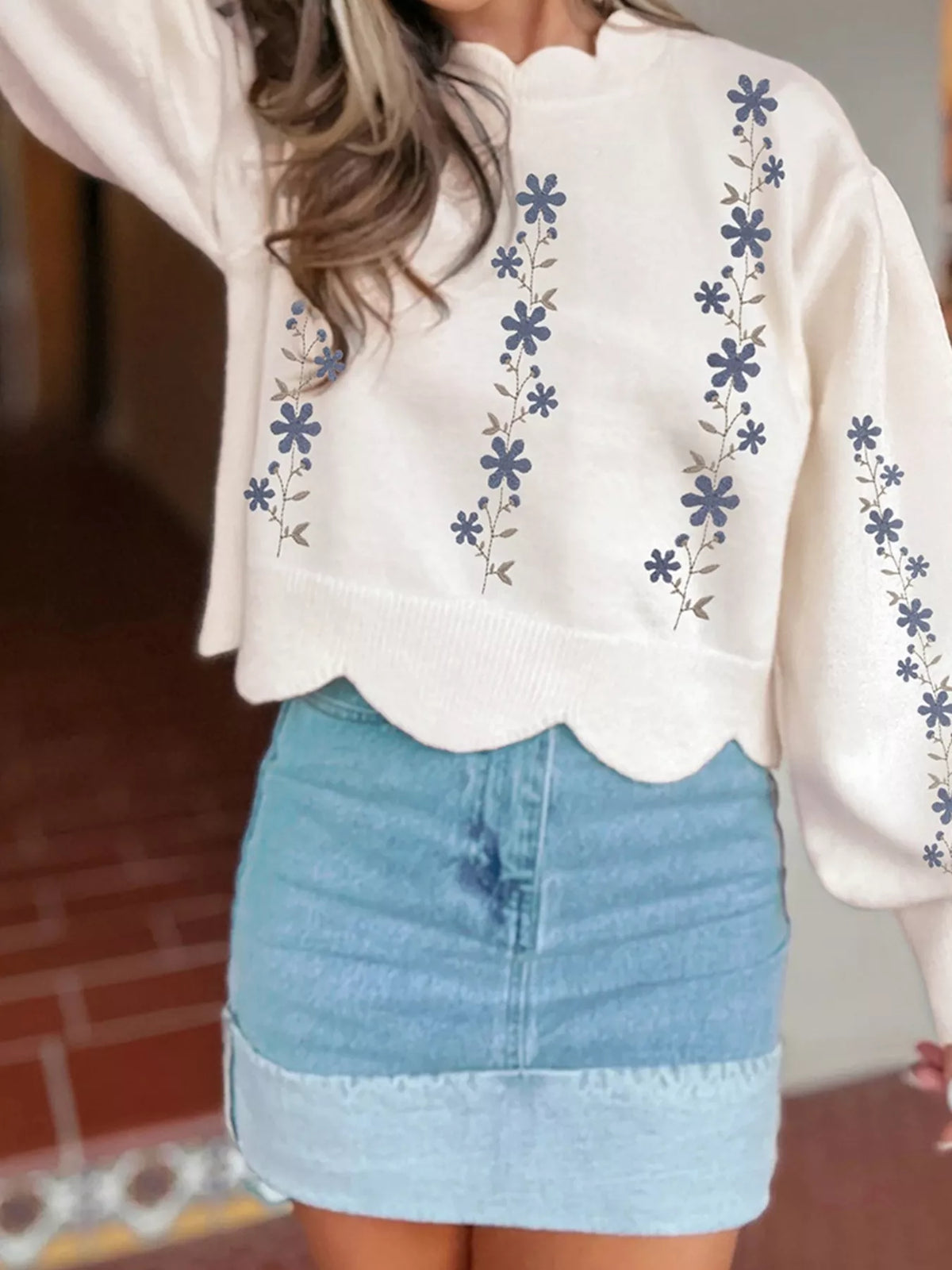 Cream cropped sweater with blue wildflower embroidery and scalloped edges