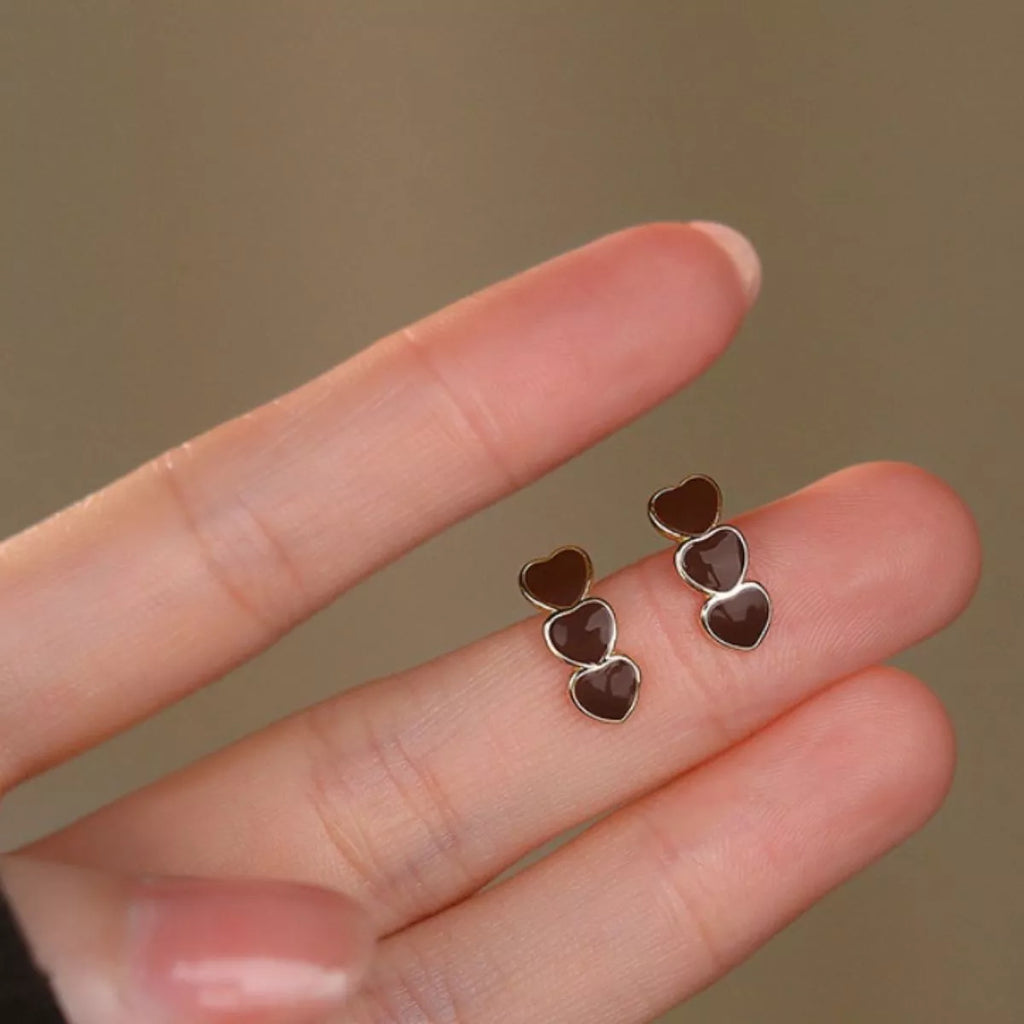 Berry triple-heart stud earrings, alternate view