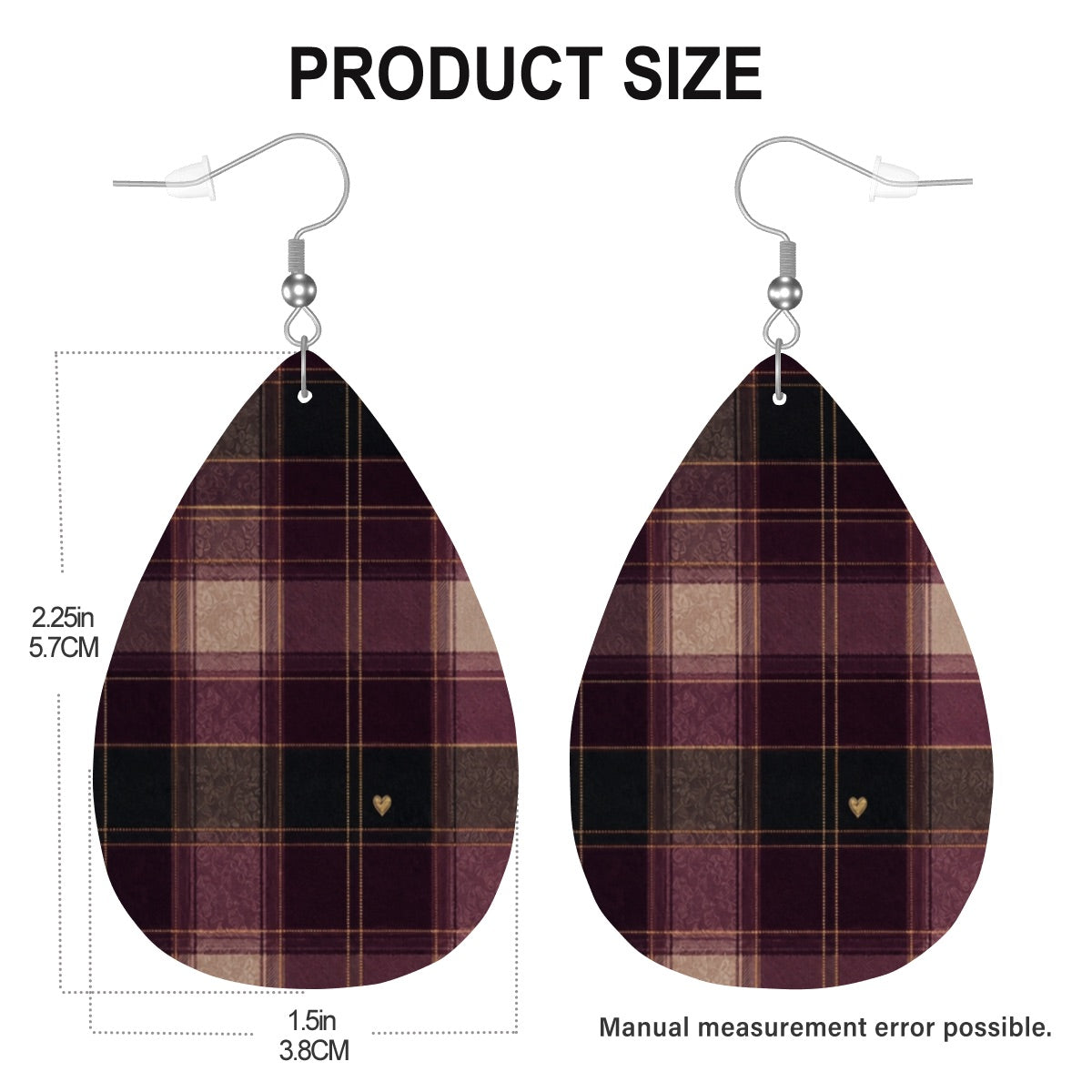 Size guide for plaid teardrop earrings: pendants measure 2.25 inches long by 1.5 inches wide, excluding the hooks.