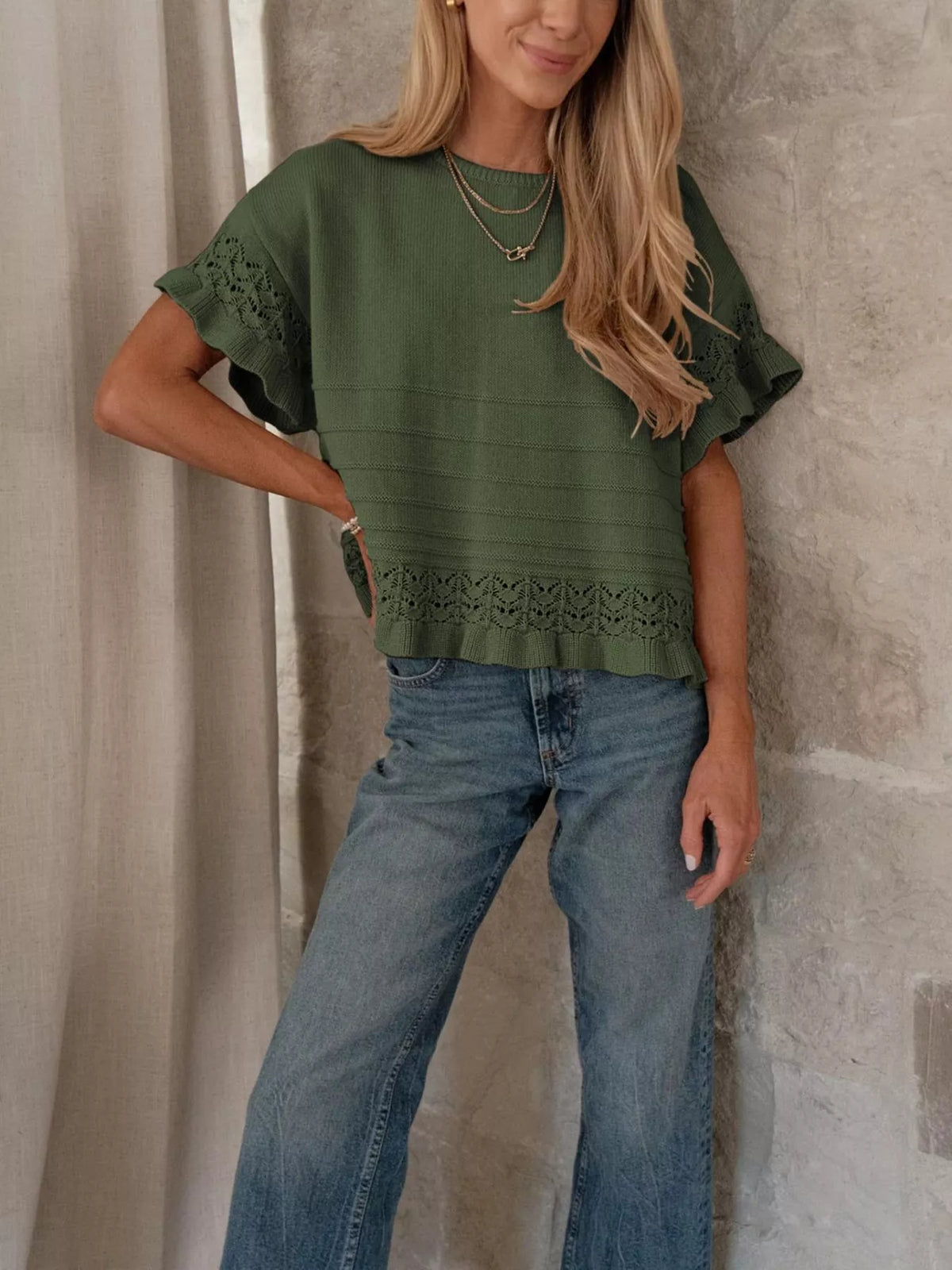 Army green Woodland lace-trim openwork knit top with ruffle sleeve and hem detail