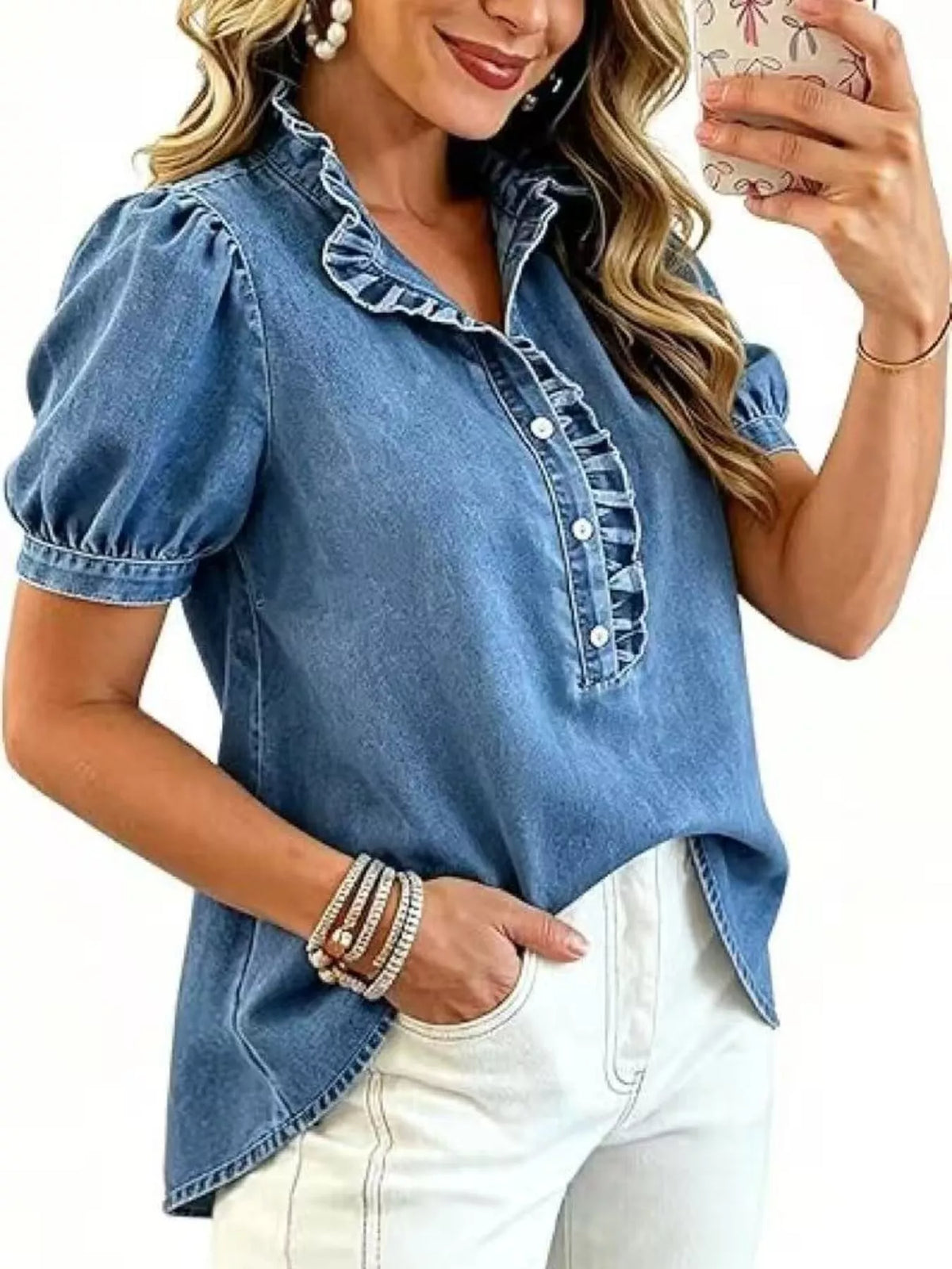 Ruffled puff-sleeve denim blouse, alternate view