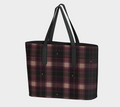 Angled view of Falling for You plaid heart vegan leather tote in berry, plum, and charcoal green with black straps.