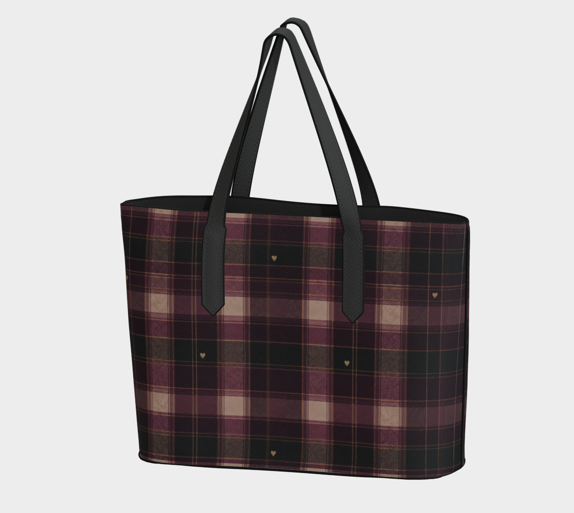 Angled view of Falling for You plaid heart vegan leather tote in berry, plum, and charcoal green with black straps.