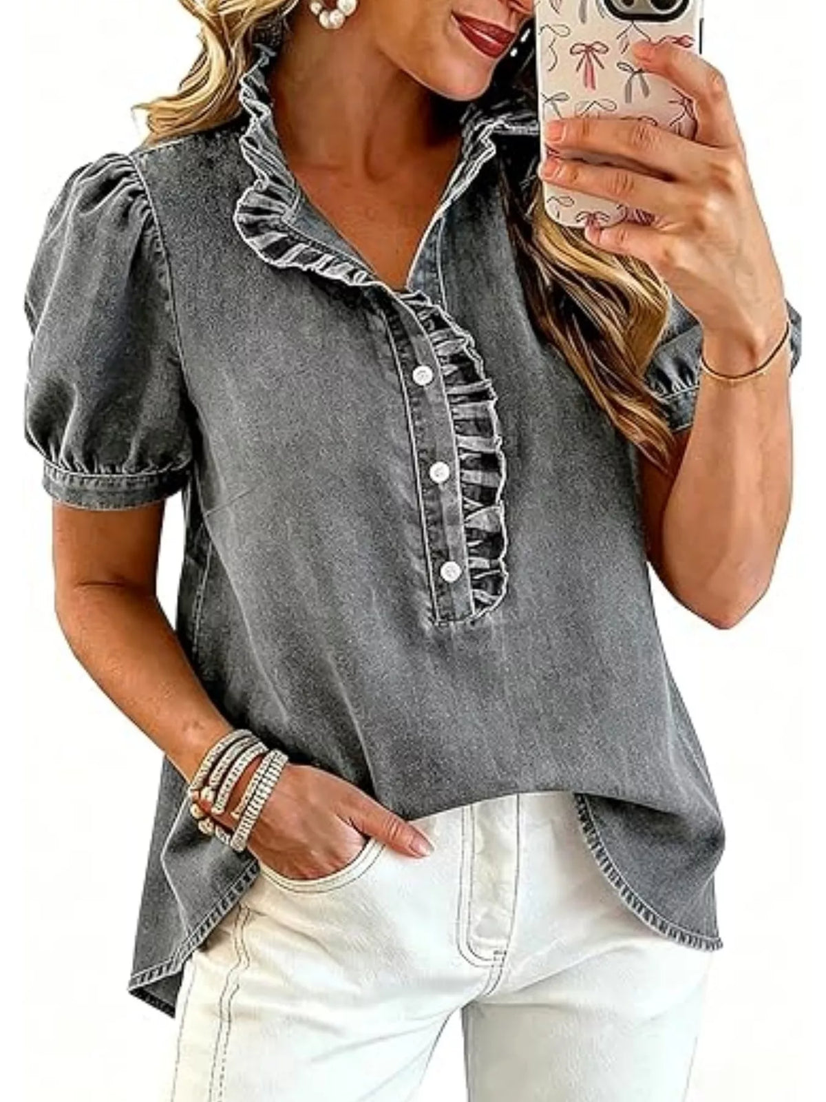 Ruffled puff-sleeve denim blouse, alternate view
