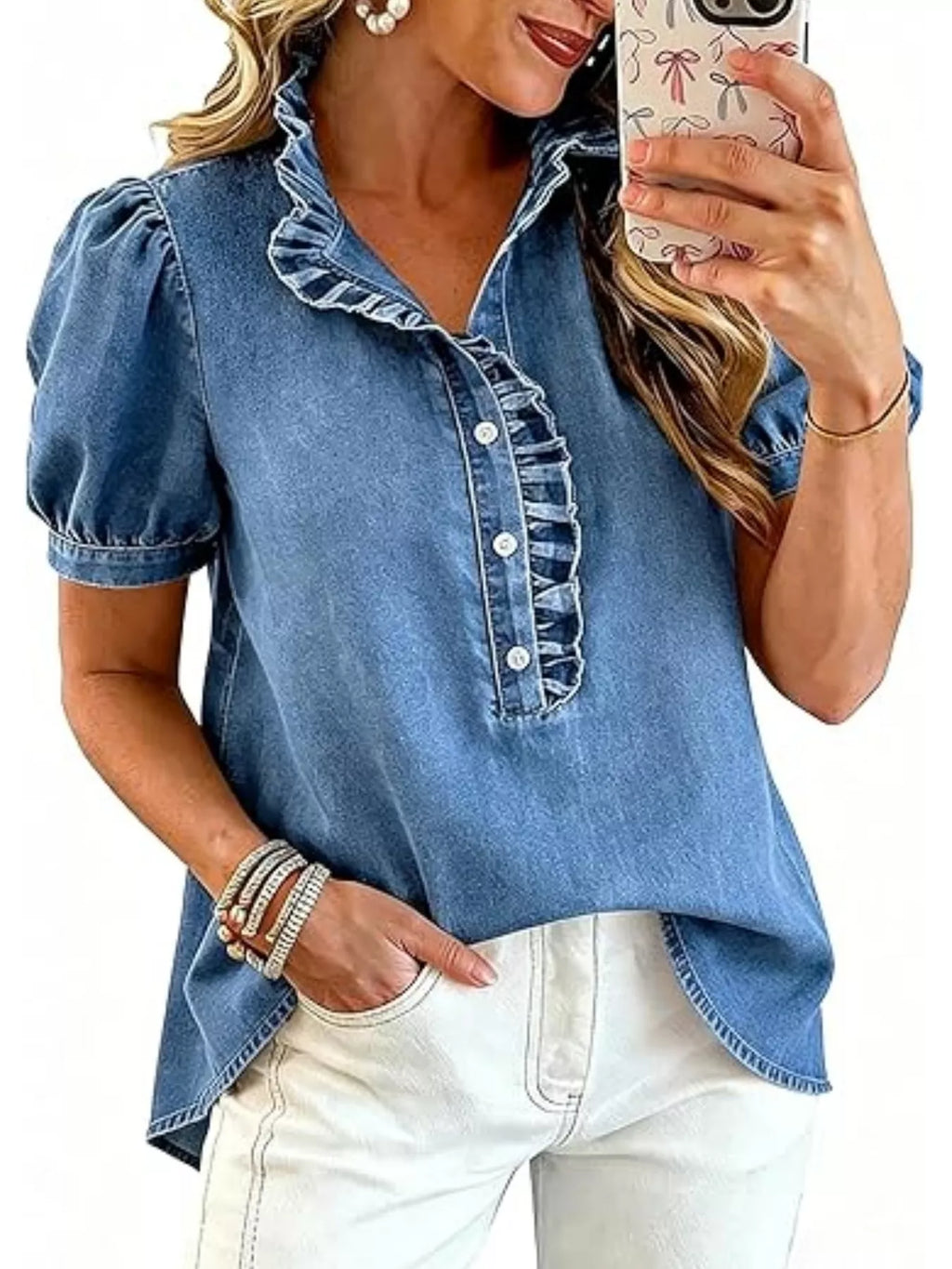 Ruffled puff-sleeve denim blouse, alternate view