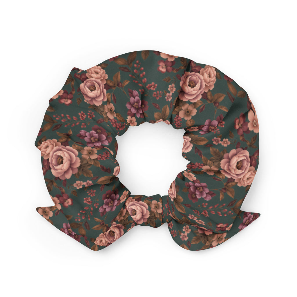 Falling For You floral bow scrunchie in deep green and autumn florals, back view