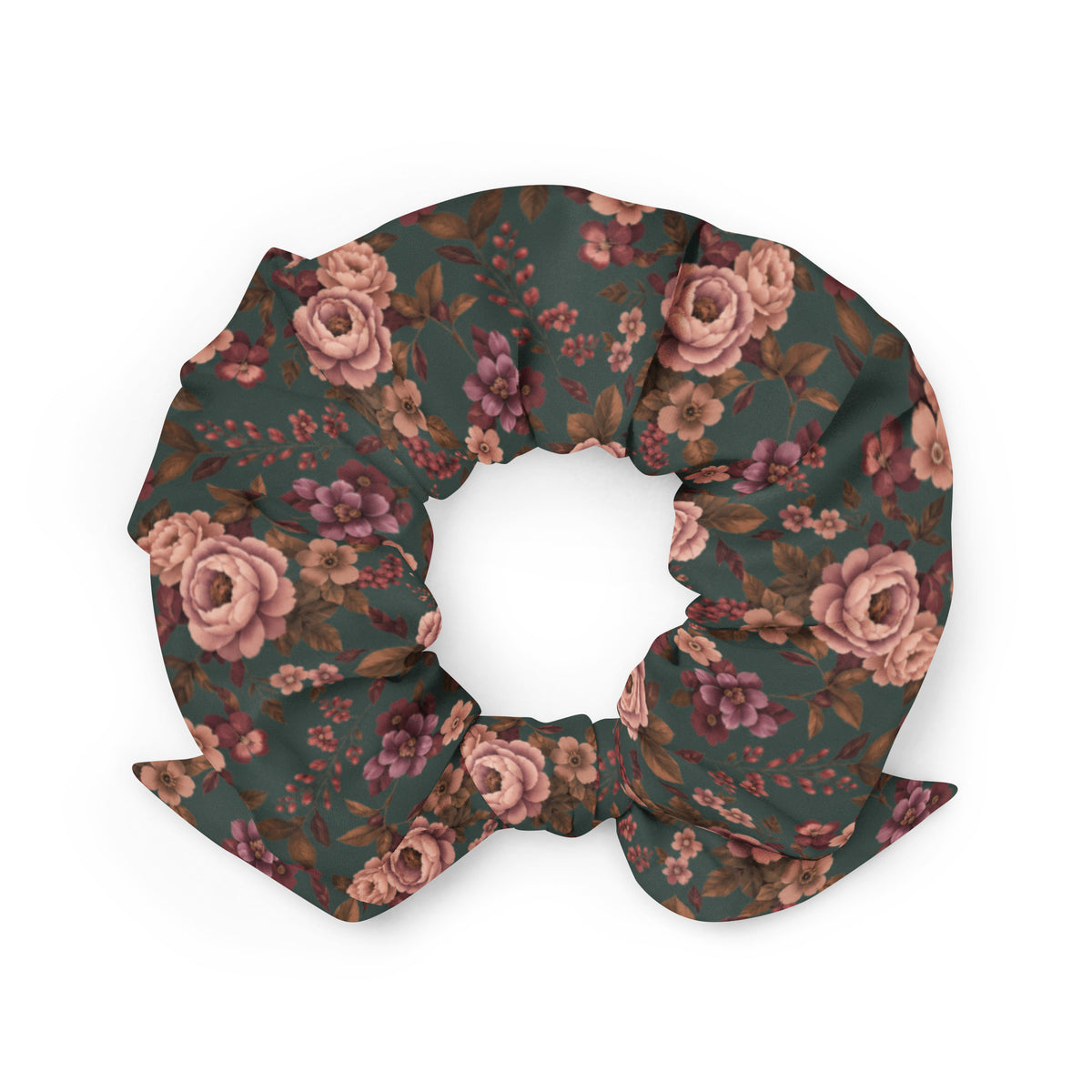 Falling For You floral bow scrunchie in deep green and autumn florals, back view