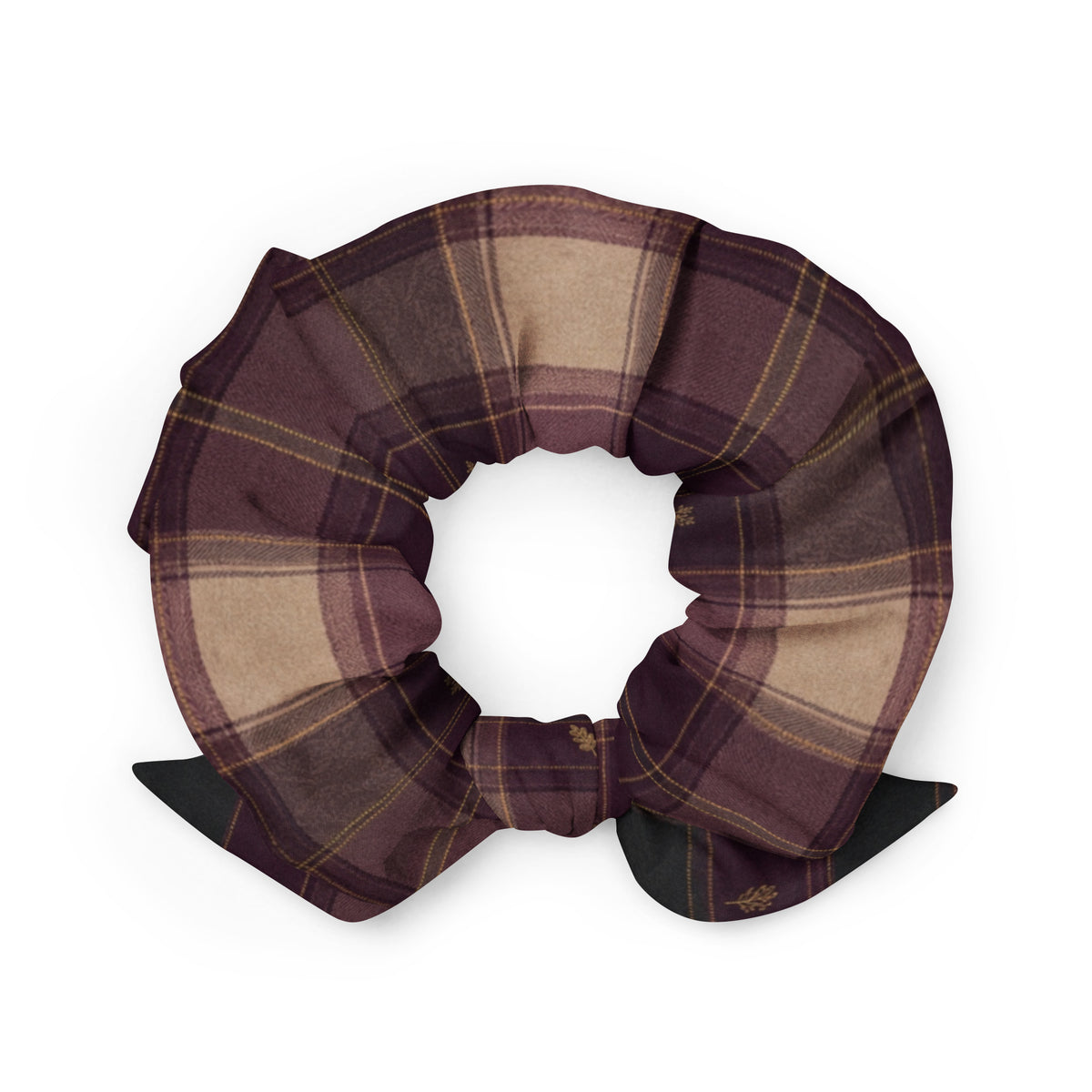 Falling For You plaid bow scrunchie in berry, plum and charcoal green, back view