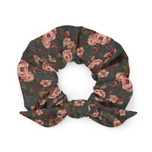 Falling For You floral bow scrunchie in deep green and autumn florals, front view
