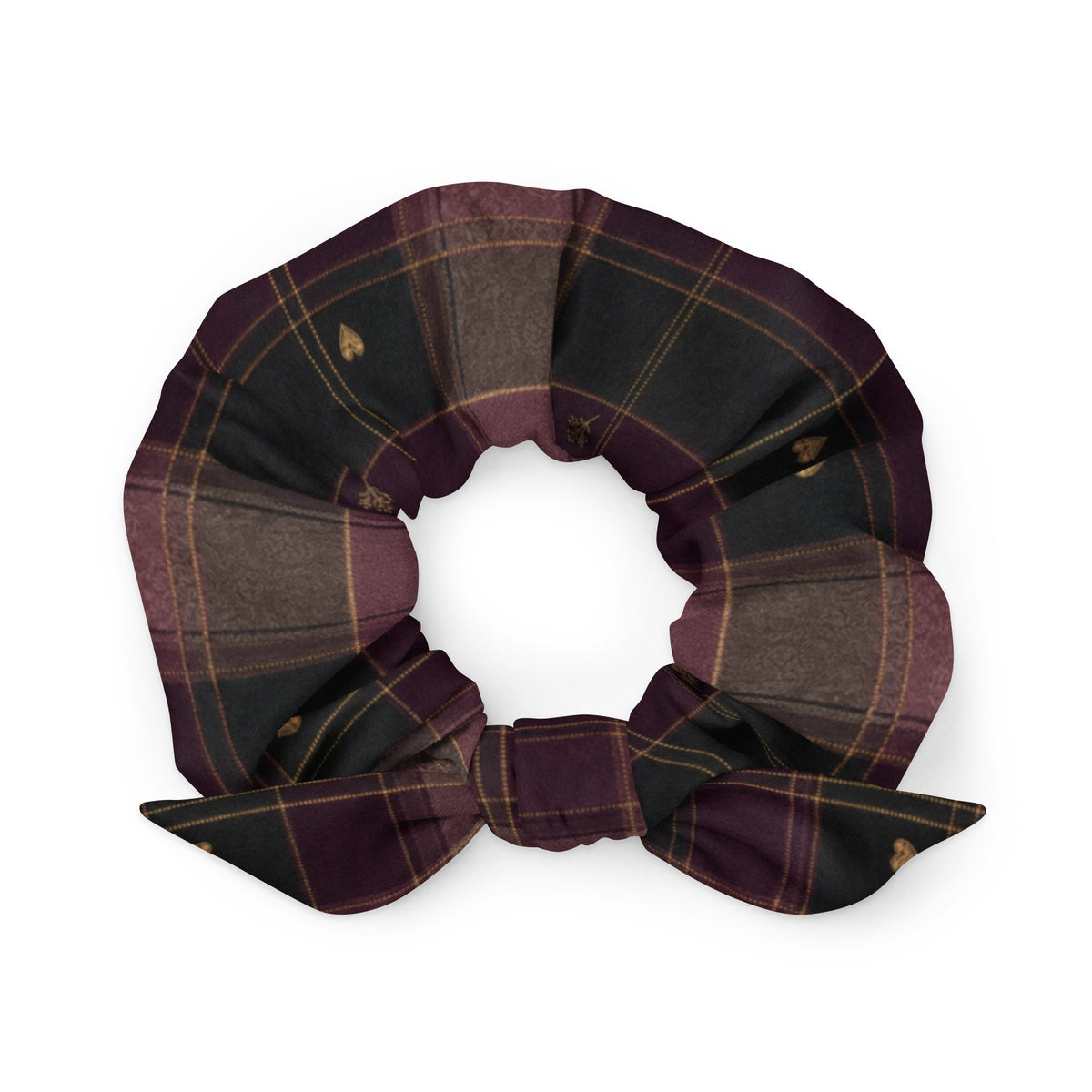 Falling For You plaid bow scrunchie in berry, plum and charcoal green, front view