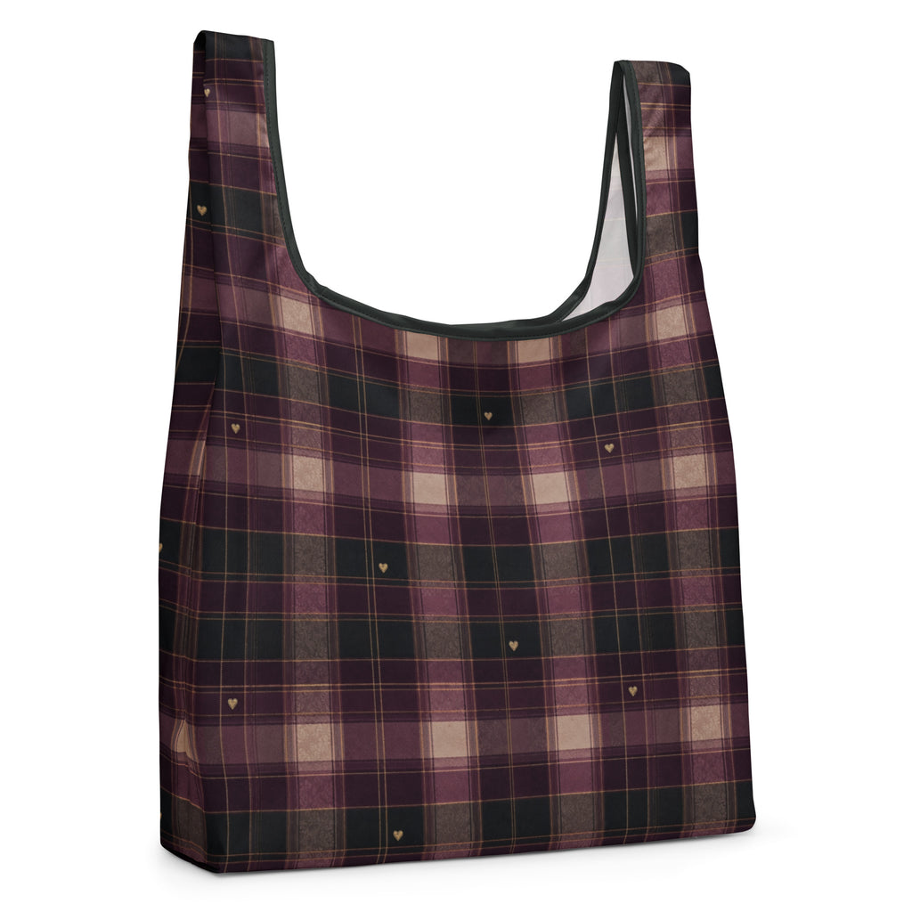 Plaid Heart Reusable Shopping Bag — right front view mockup