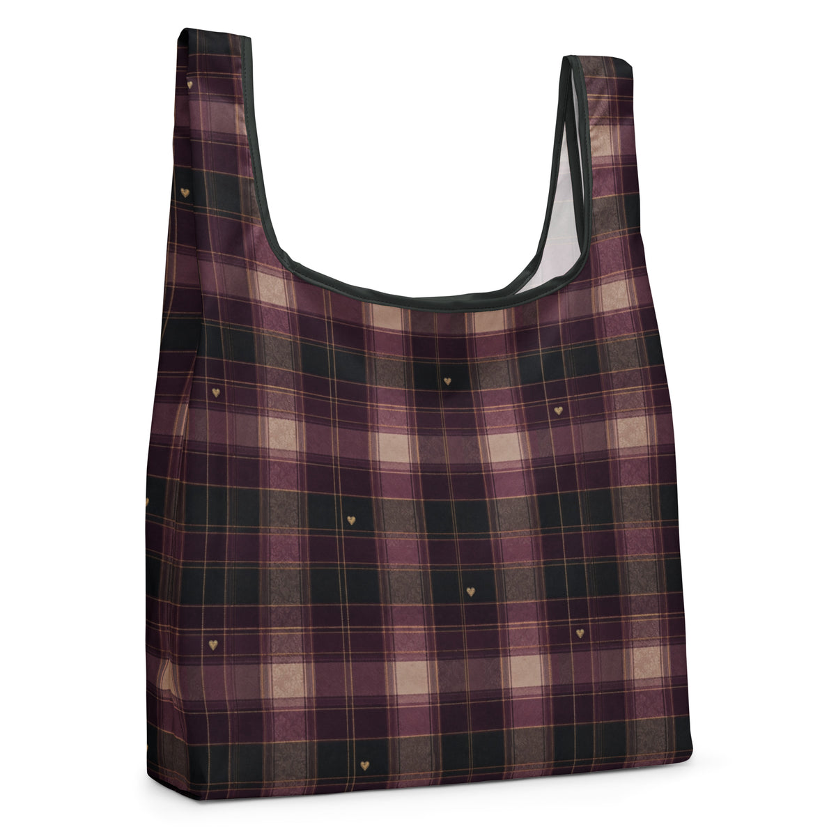 Plaid Heart Reusable Shopping Bag — right front view mockup