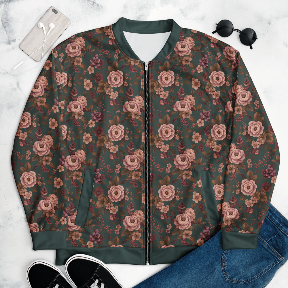 Falling For You floral bomber jacket with charcoal-green background, front view