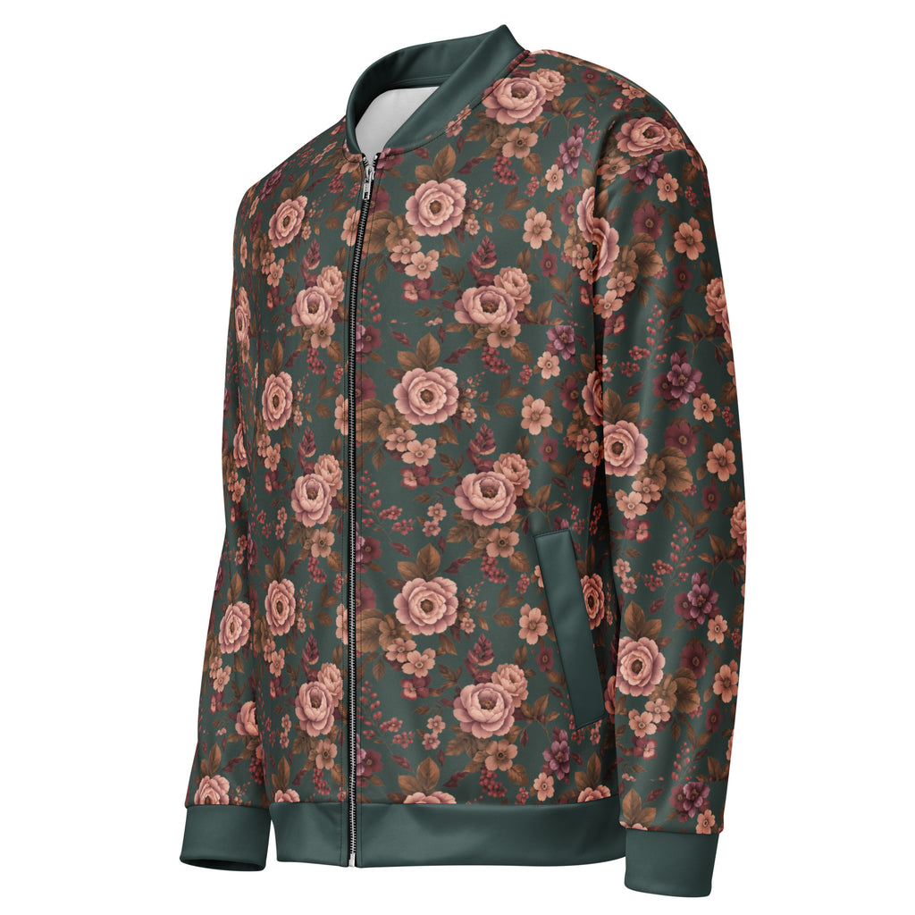 Falling For You floral bomber jacket, left front angled view