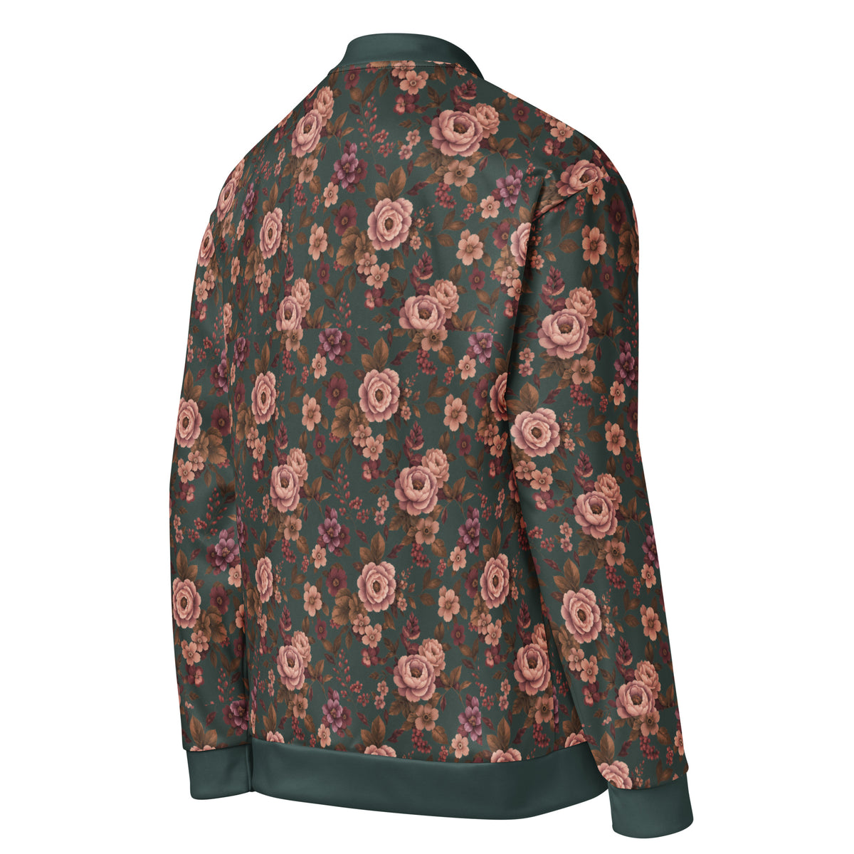 Falling For You floral bomber jacket, right back angled view