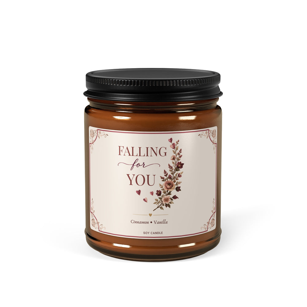 Falling For You cinnamon vanilla soy candle in an amber glass jar