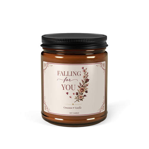 Falling For You cinnamon vanilla soy candle in an amber glass jar