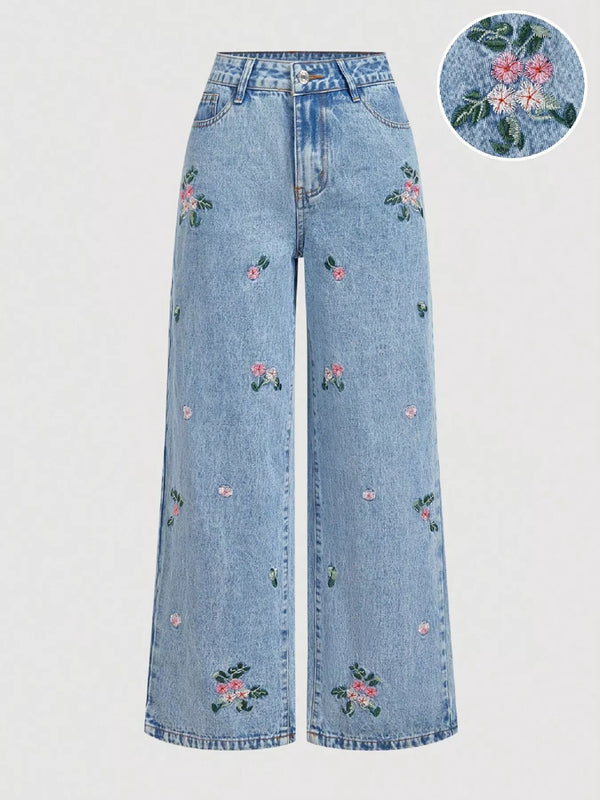 Blue wide-leg jeans with delicate scattered wildflower embroidery