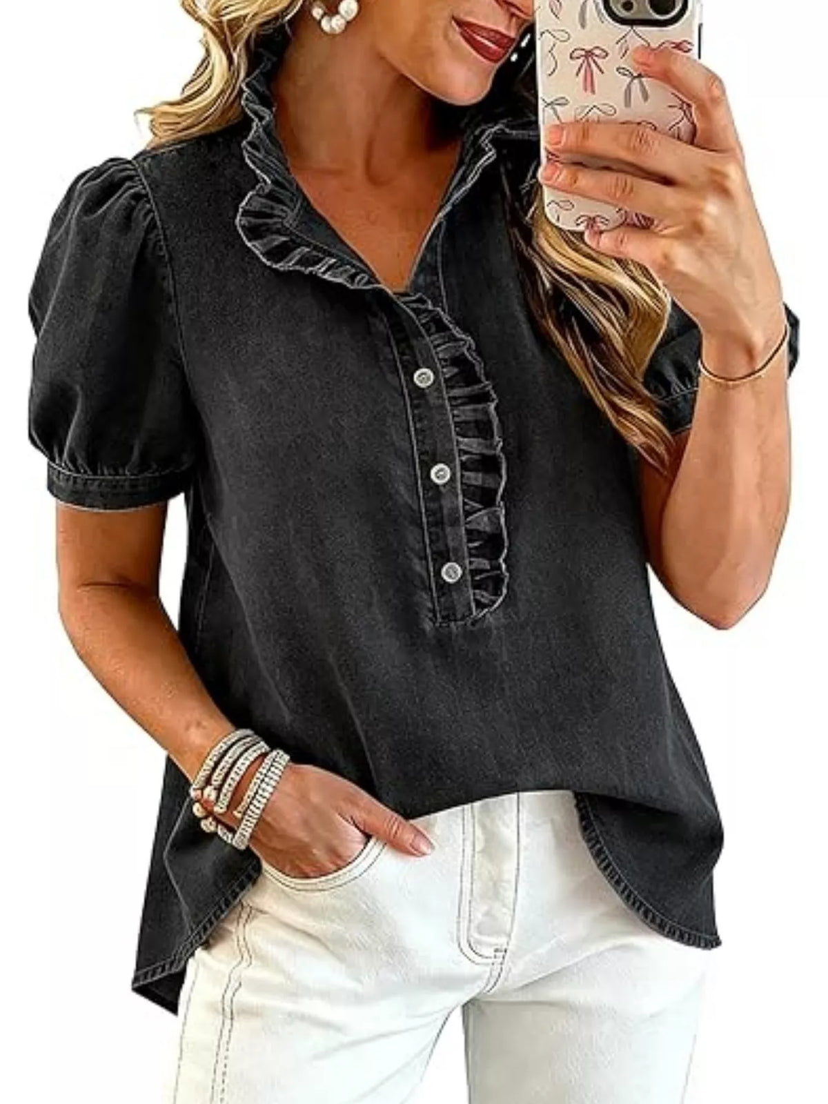 Ruffled puff-sleeve denim blouse, alternate view