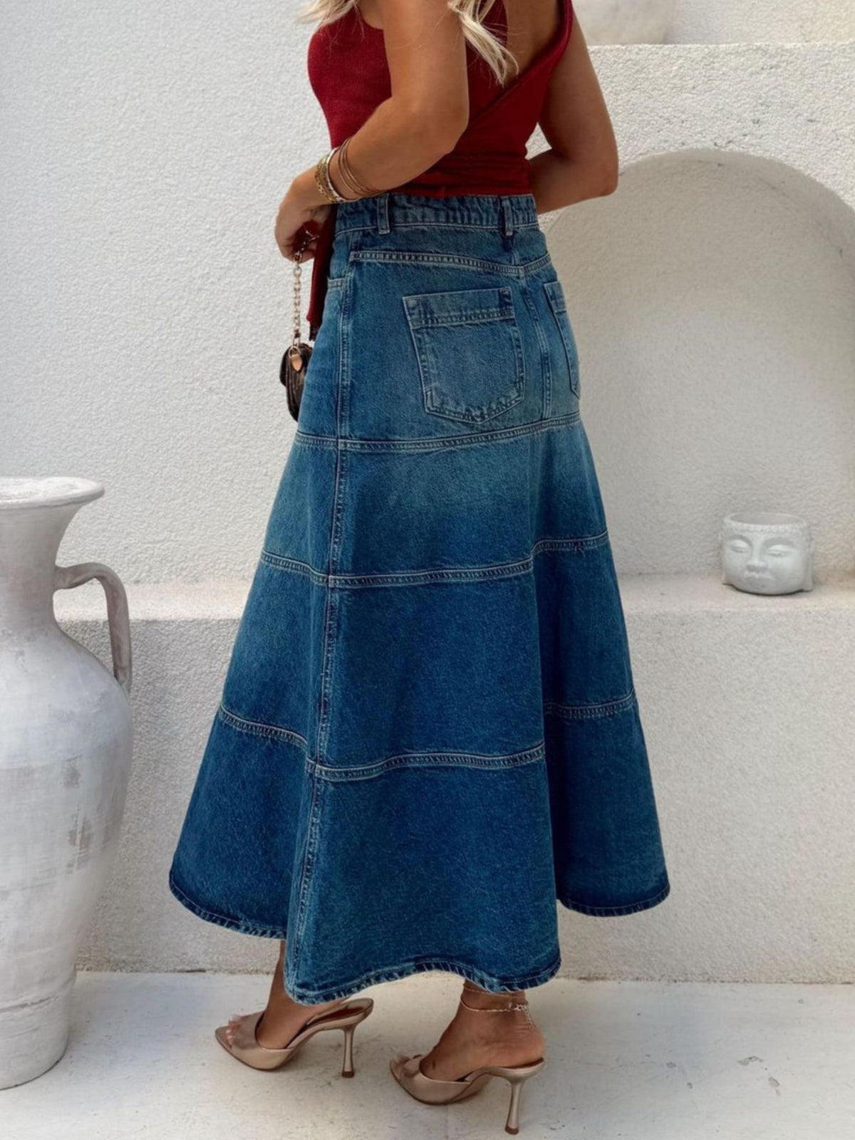 Dusty blue belted midi skirt, alternate view