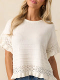 White Woodland lace-trim openwork knit top with ruffle sleeve and hem detail