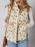 Beige floral quilted zip vest with patch pockets