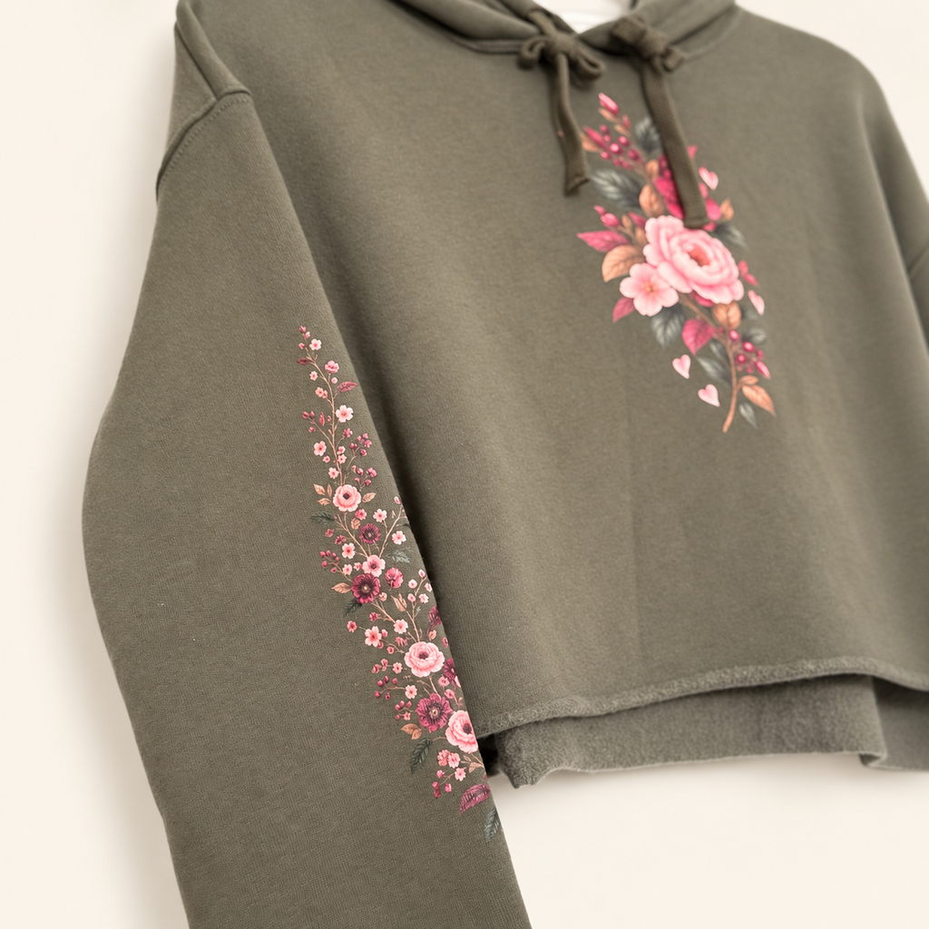 Close-up of pink and berry sleeve florals, chest print and raw cropped hem on the olive Falling For You hoodie