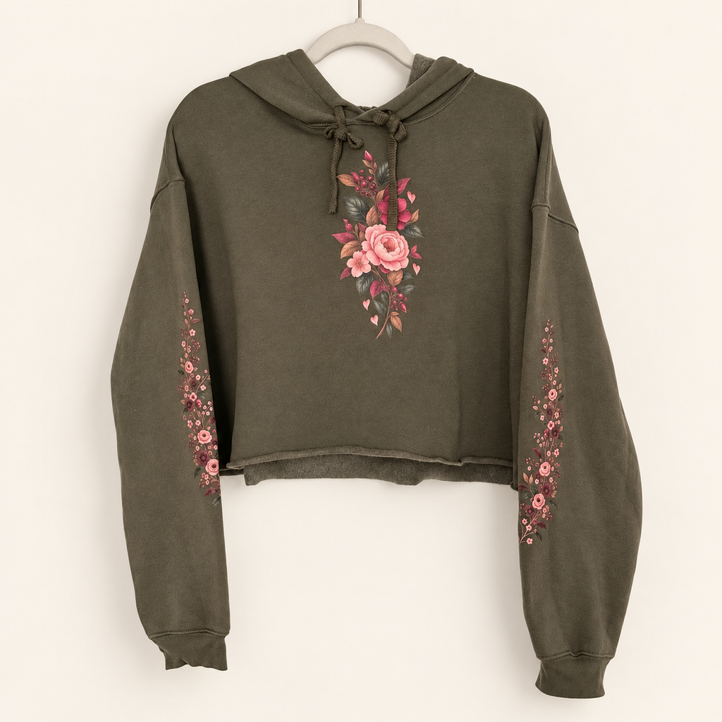 Front view of Falling For You olive cropped hoodie with pink and berry floral print on the chest and sleeves