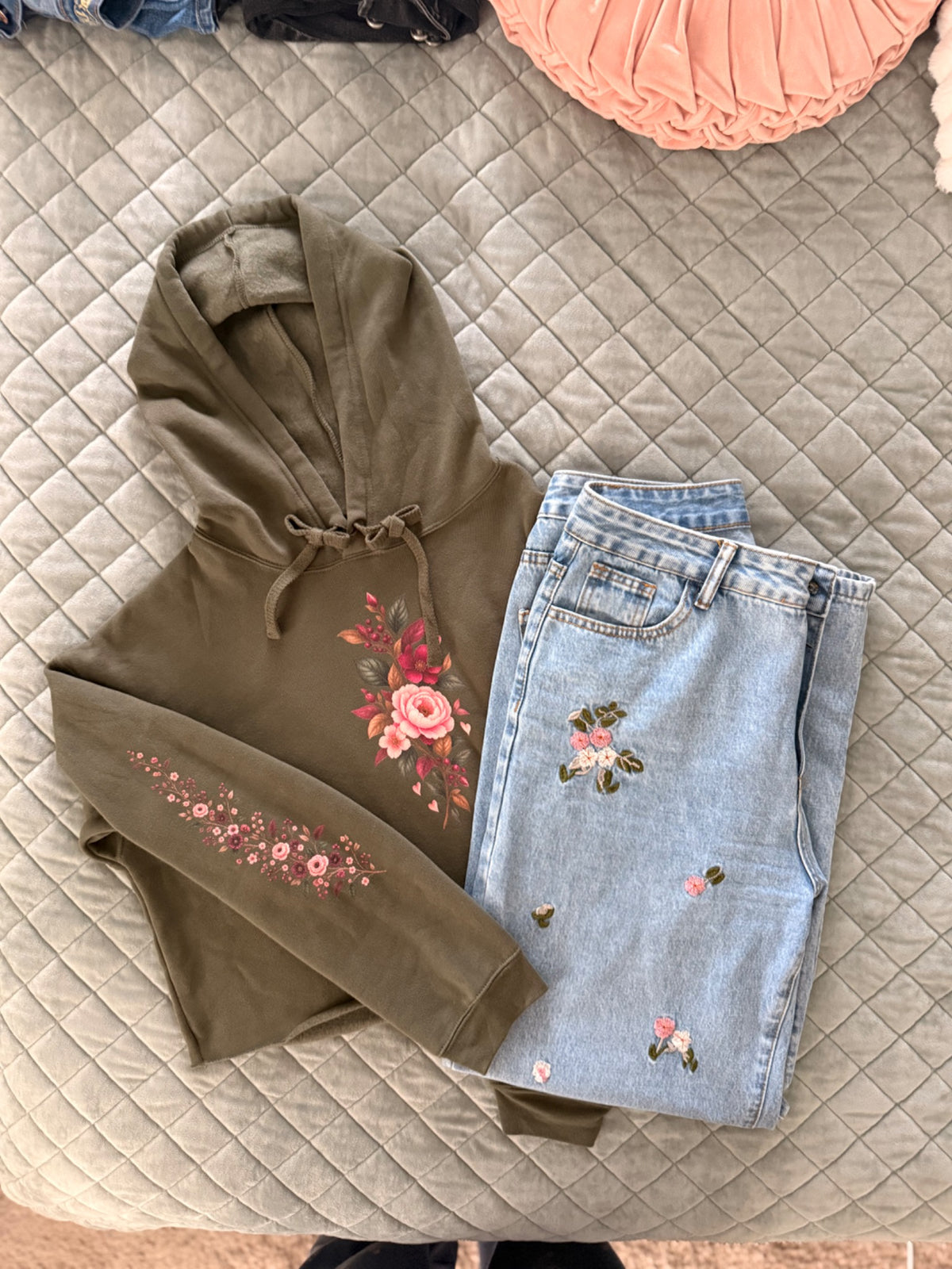 Falling For You olive floral cropped hoodie styled with light-wash embroidered wide-leg jeans