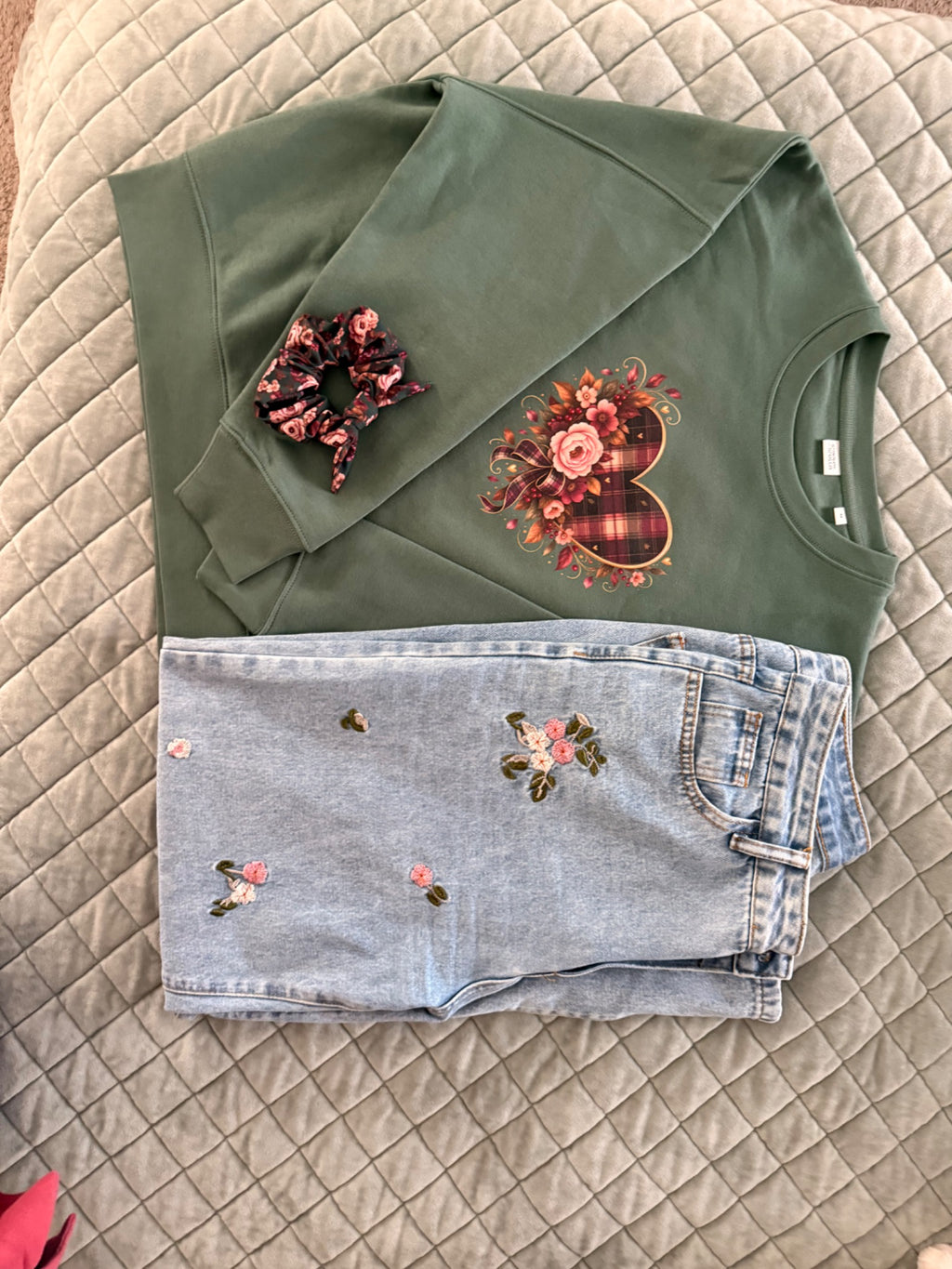 Falling For You green plaid and floral crewneck styled with embroidered jeans and floral scrunchie